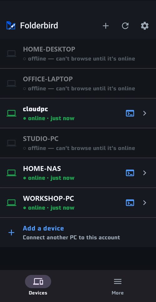 The Folderbird Android app listing the computers on the account