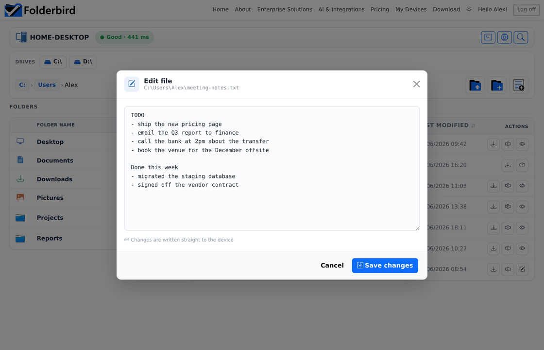 The Edit file dialog, showing a text file open for editing