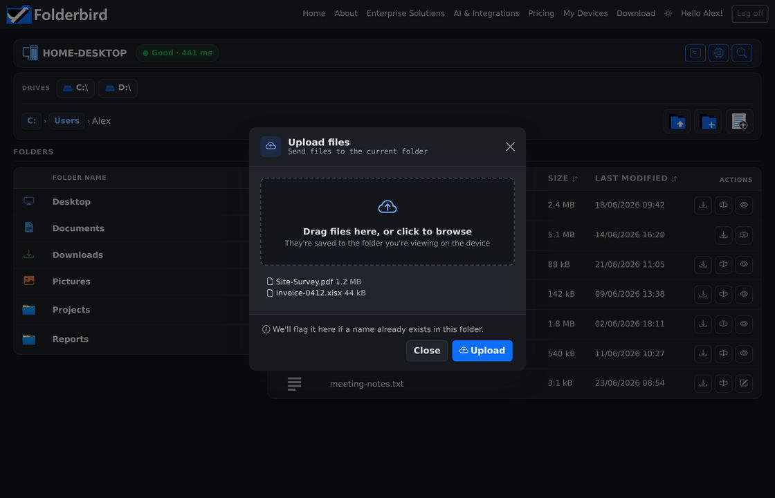 The Upload dialog, with two files staged for the folder being browsed