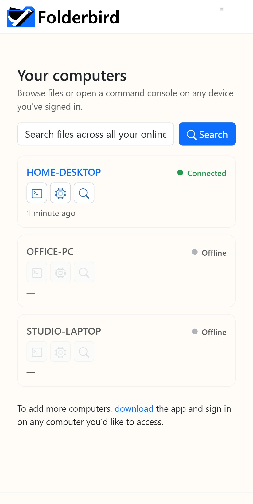 FolderBird devices list on a phone